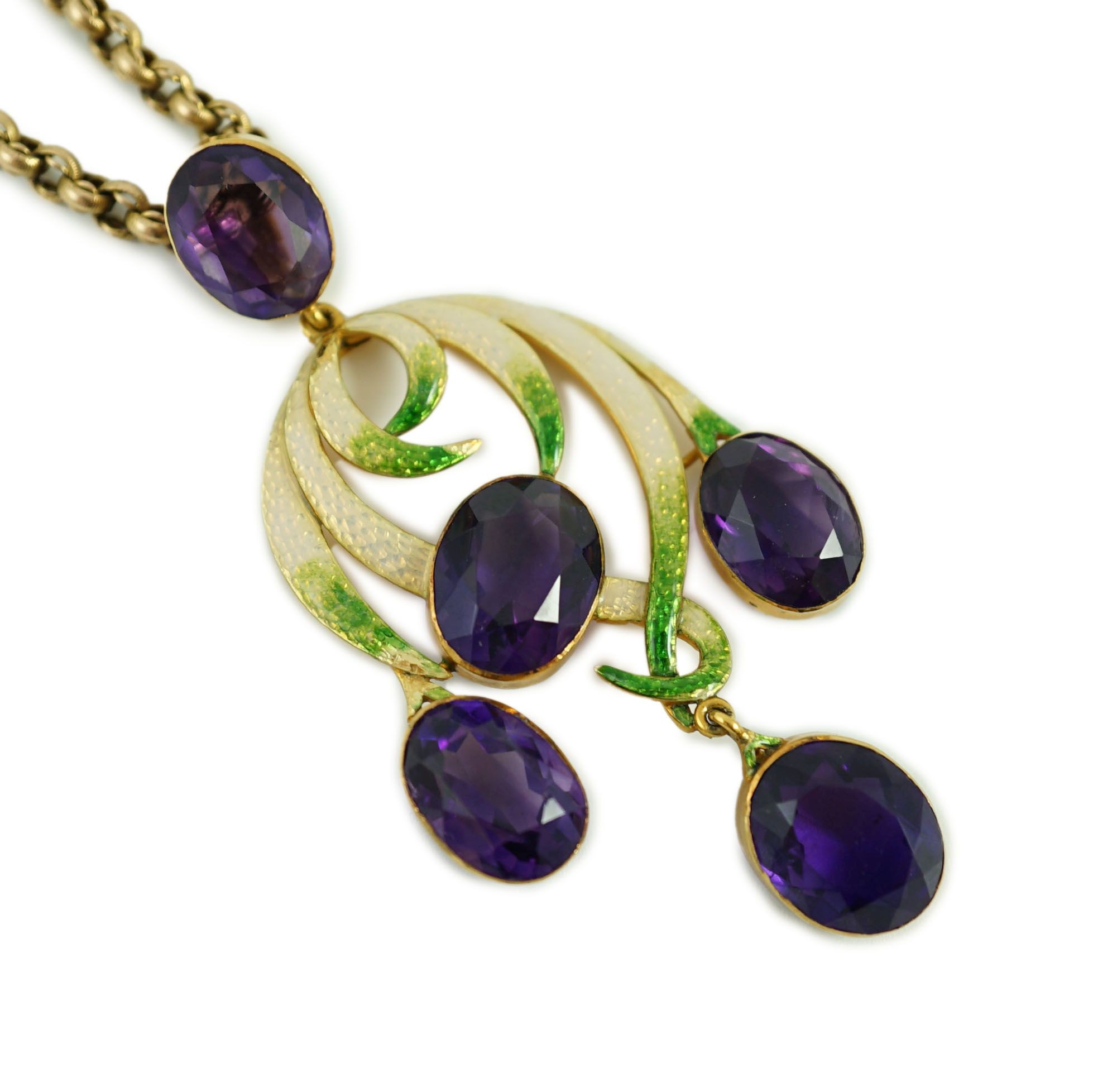 An early 20th century continental gold, enamel and five stone oval cut amethyst set drop pendant, of scrolling design